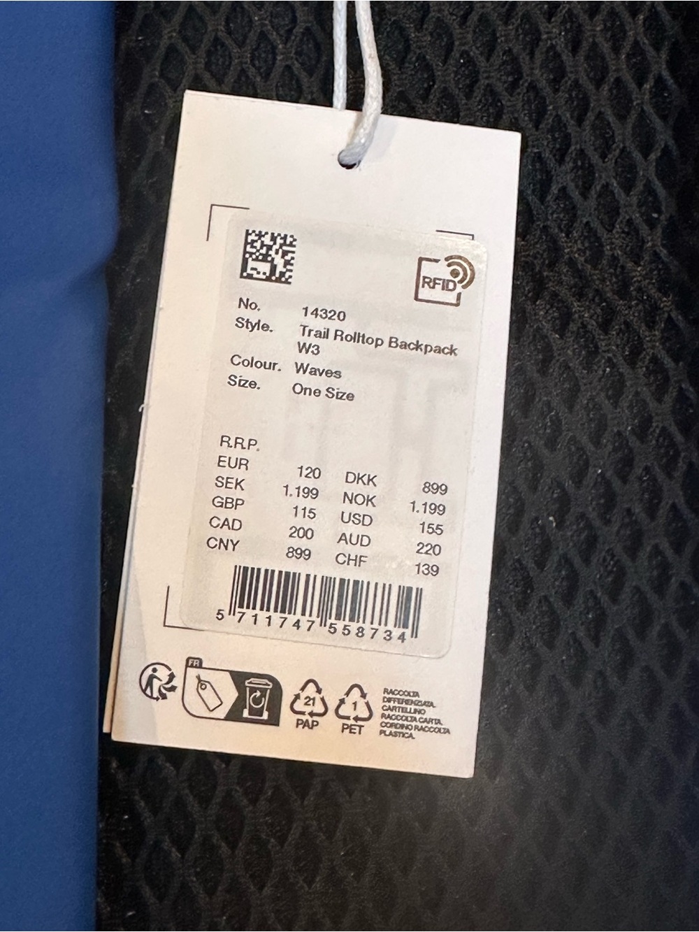 NWT RAINS Trail Roll-Top Backpack W3 Waterproof Color is Blue with Black Accents - Picture 10 of 12